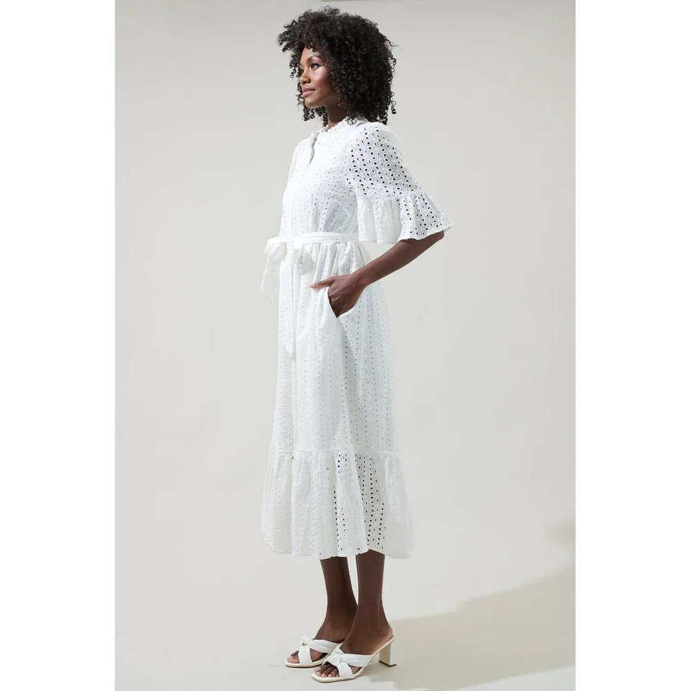 Sugarlips Kaylie Eyelet Sz M White Button Down Ruffle Midi Belted Cotton Dress - Picture 2 of 15
